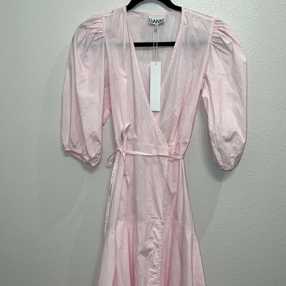 Ganni Puff Sleeve Organic Cotton Wrap Dress in Cherry Blossom - Picture 6 of 10